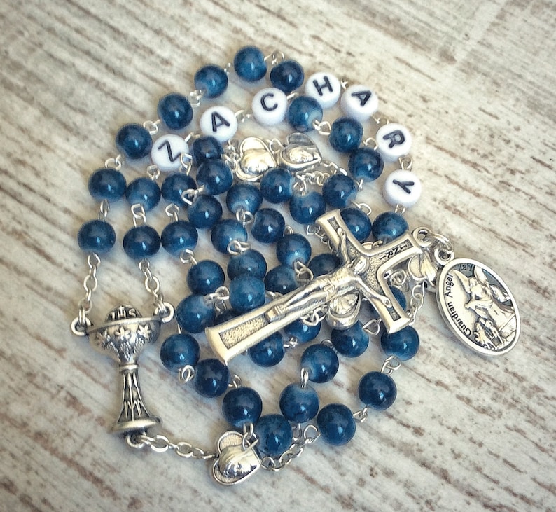 Personalized First Communion Rosary in Dark Blue and Silver Boy Catholic Baptism, Confirmation Gift Male Gift Rosary with name image 1