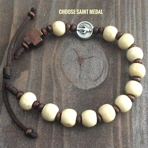 Men's or boy Catholic rosary bracelet for him, Wood bead rosary, wooden cross, St Joseph, St Michael, Miraculous medal, St Gerard