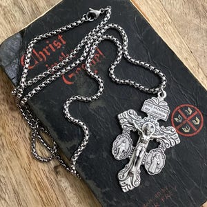 Pardon Crucifix Necklace,  Protection from evil necklace, Pardon Cross  2 1/8”, Stainless steel chain