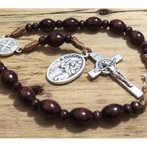 One Decade Wooden  Rosary - St Christopher Medal - Wooden Prayer Beads - Catholic Car Gift - Rear View Mirror Hanger - Dashboard Decor