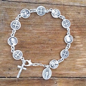 Rosary bracelet, Catholic women bracelet, saint bracelet, st benedict medal, christian gifts, saint medal, virgin mary jewelry, divine mercy