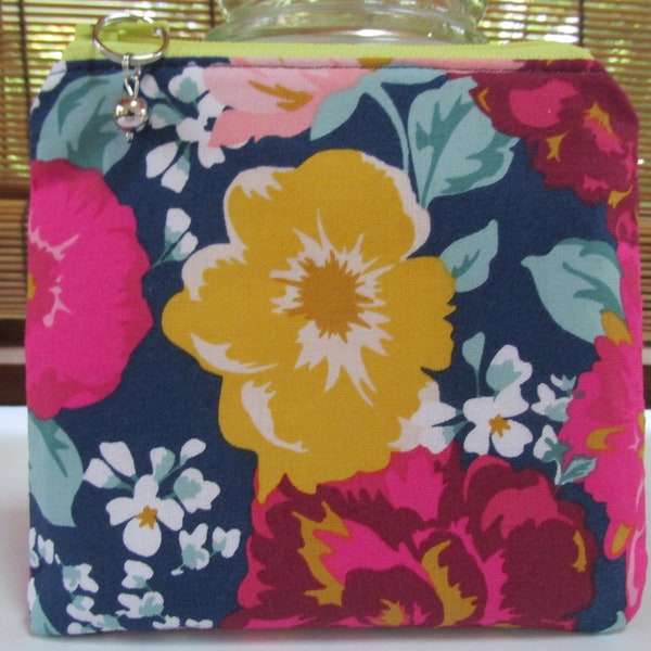 Small Flat Navy/Pink Floral Zipper Pouch, Coin Purse