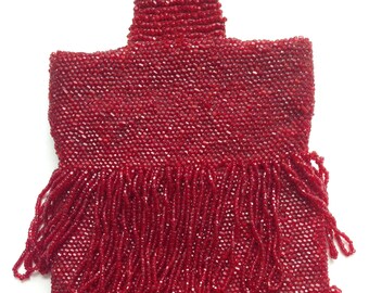 Ruby Red Glass Beaded Wrist-let 1920's Handbag