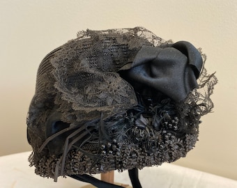 1880&#39;s Black Straw Mourning Bonnet With Satin Ribbon