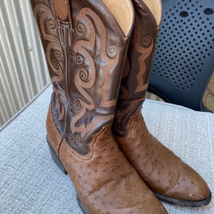 Brown Leather Cowboy Boots With Faux Ostrich Lower Size 9 1/2 EE