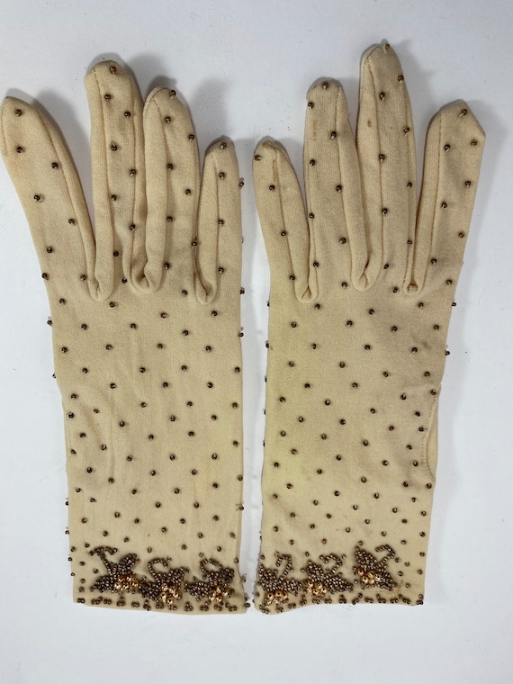 Cream Nylon Gloves With Copper Colored Beading