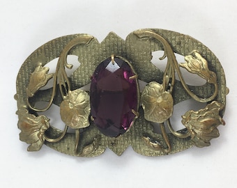 Edwardian Art Nouveau Amethyst Glass Brooch Floral