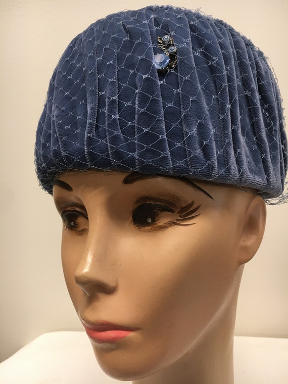 Vintage Slate Blue Velvet Toque with Netting - image 2