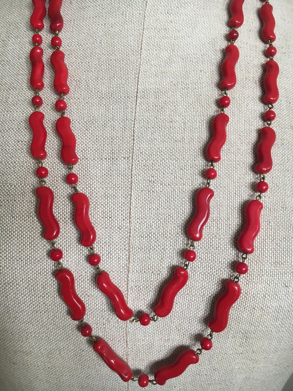 Vintage 1930's Long Red Glass Beaded Necklace - image 1