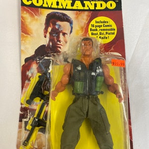 May include: A plastic action figure of Arnold Schwarzenegger as the character Commando from the movie Commando. The figure is wearing a green vest, green pants, and black boots. The figure is holding a black gun in one hand and a yellow gun in the other. The figure is packaged on a yellow and red card with the words "Schwarzenegger Commando" printed on it. The card also includes a comic book, a removable vest, a Uzi, a pistol, and a knife.