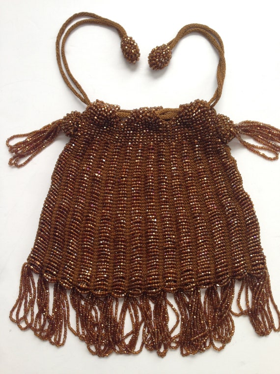 Brown Crochet Art Deco Flapper Hand Beaded Bag Wri