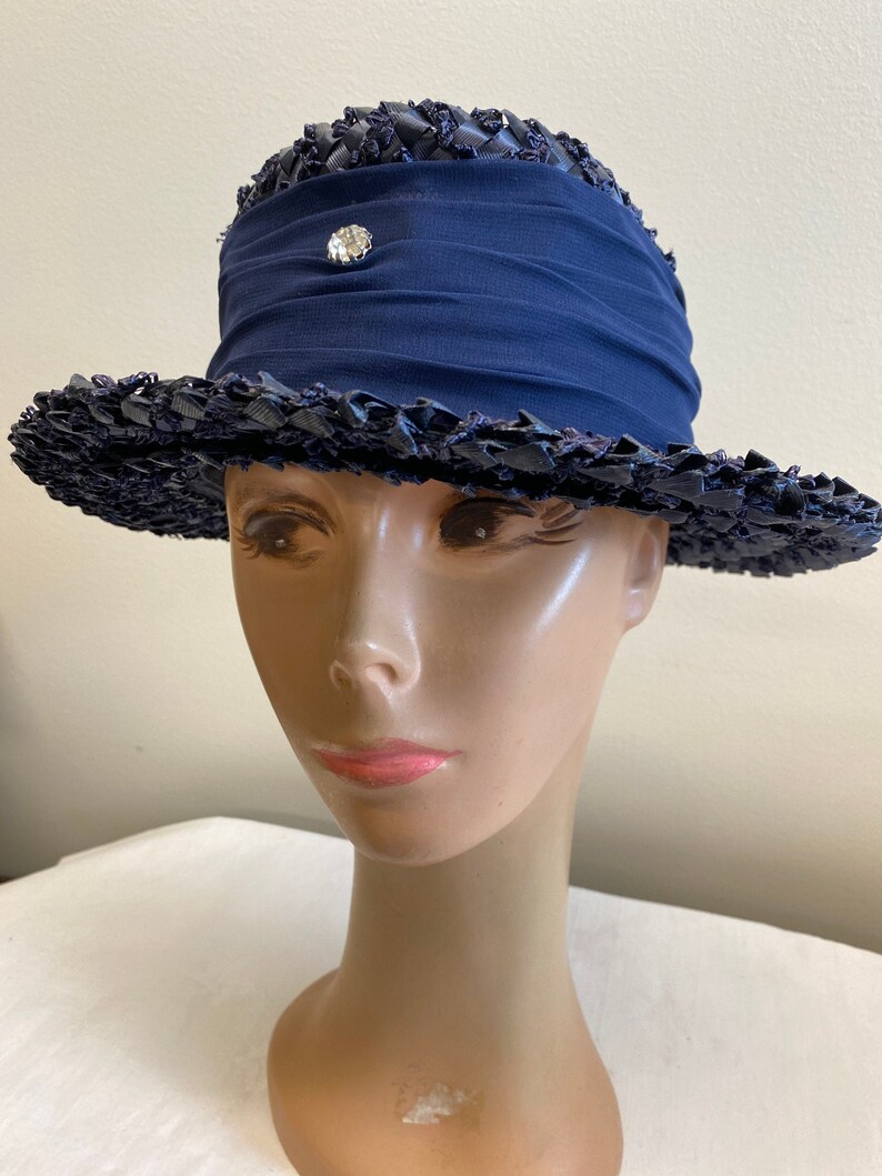 Navy Blue Woven Straw Summer Hat image 1