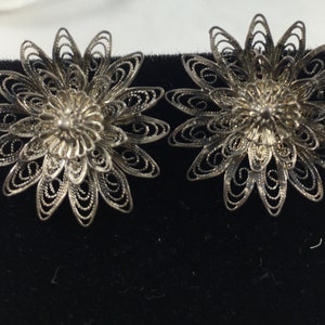 Silver Filigree Screw Back Flower Earrings