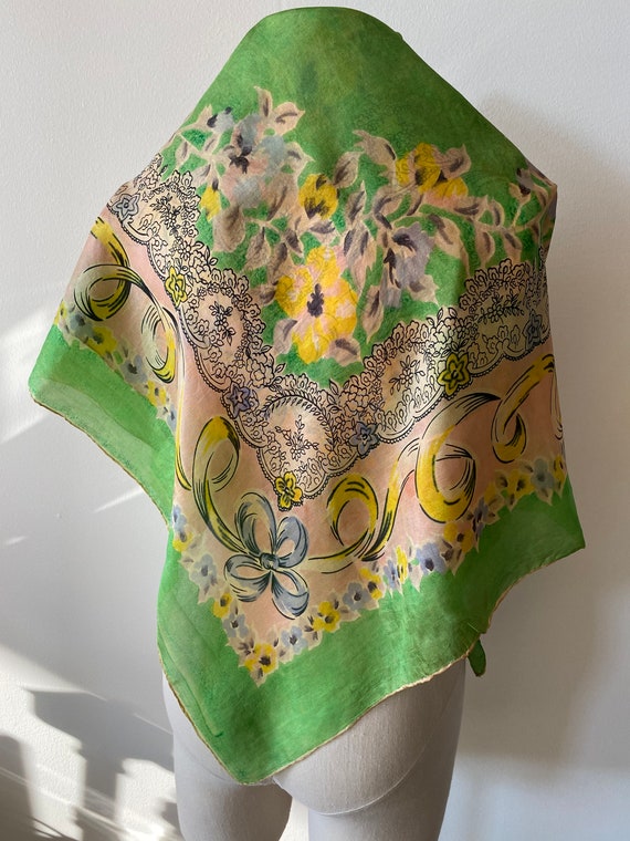 Hand Rolled Green And Yellow Floral Japan Silk Sc… - image 1