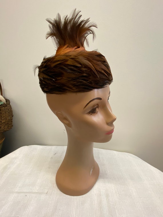 Unique Brown feather Pillbox Hat - image 7