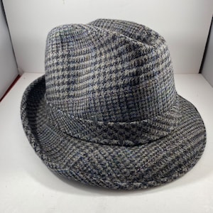 May include: A grey and blue plaid fedora hat.