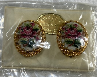 Petit Point Of Vienna Clip On Earrings Hand Embroidered