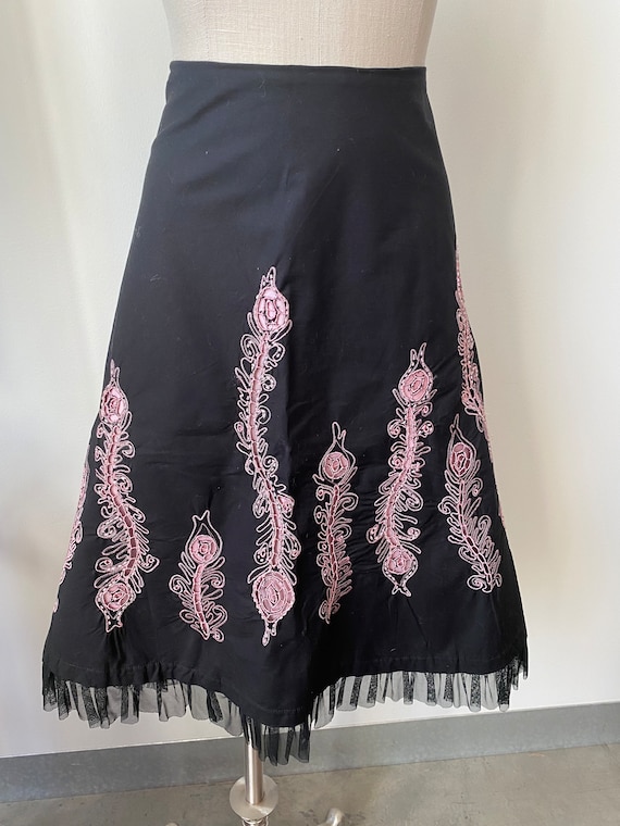 Black Cotton Skirt With Pink Cutwork And Beading