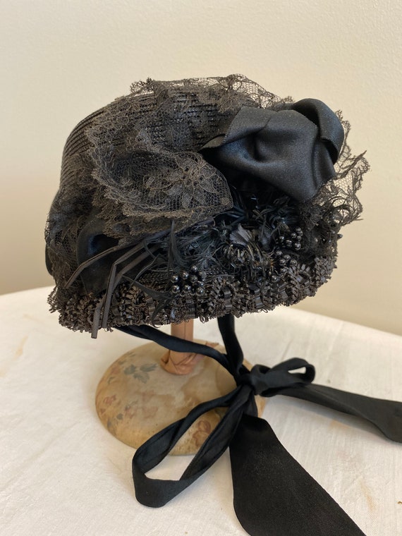 1880's Black Straw Mourning Bonnet With Satin Ribb