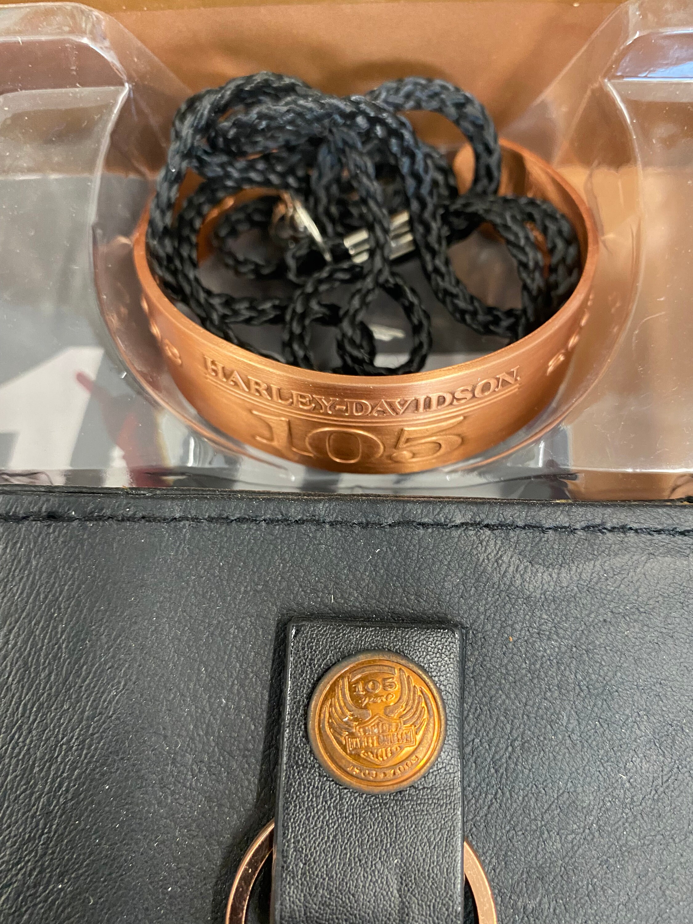Harley Davidson 105th Anniversary Copper Bracelet & Leather Wallet