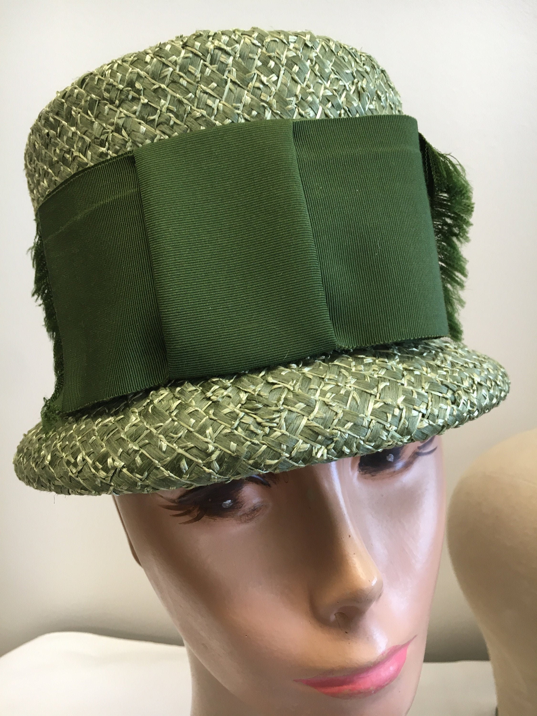 Vintage 1960's Olive Green Woven Straw Mod Bucket Hat With Etsy