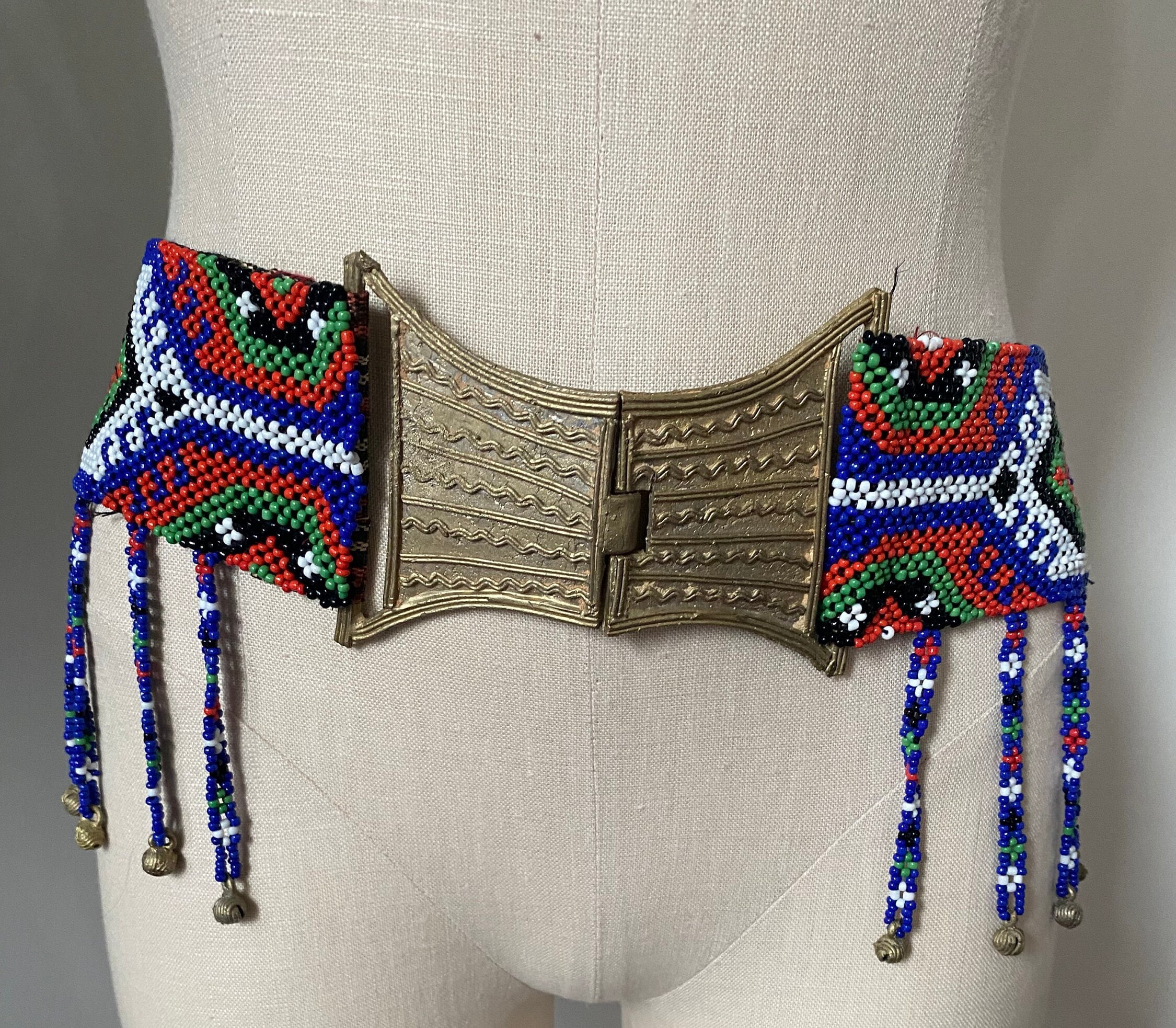 Tribal Statement Waist Belt Brass Silver Tone Multi Strand Beaded M L Polychrome Hand-Tooled Seed Bead Western Belt by Myra Bag  main image 3