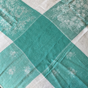 1950's Turquoise And White Linen Rectangular Tablecloth