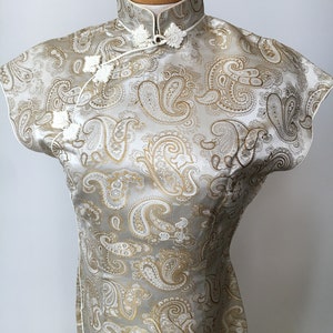 Chinese Cheongsam Satin Silk Beige and Gold Paisley Dress