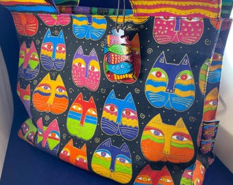 Bolso de mano grande de lona con diseño de gato de Laurel Burch, bolso de punto.