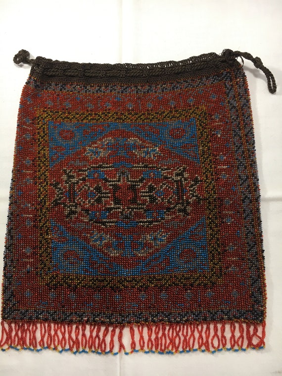 Micro Beaded Crochet Fringed Drawstring Handbag