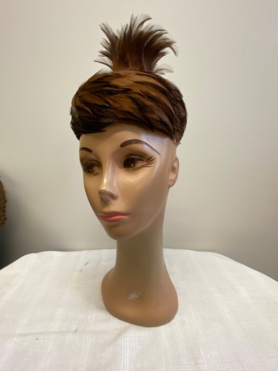 Unique Brown feather Pillbox Hat - image 6