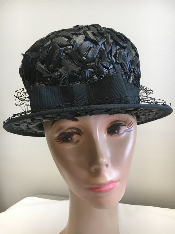 Black 1960's Raffia Straw Flower Pot Hat