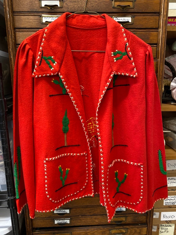 1940’s Mexican Red Wool Tourist Jacket With Cactus