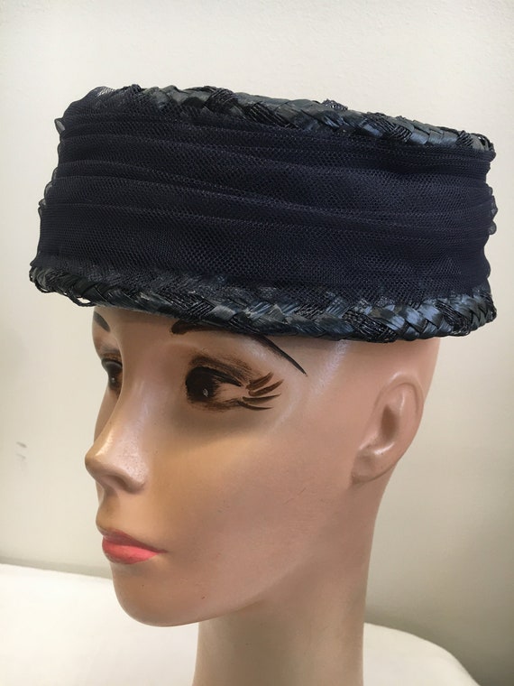 Navy Blue Raffia With Netting Pillbox Summer Hat - Etsy  display picture 2
