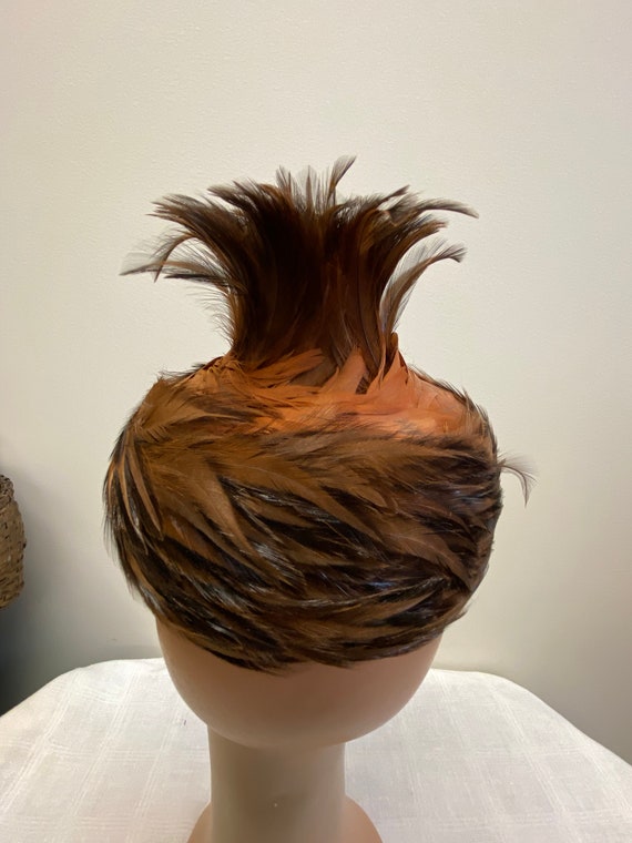 Unique Brown feather Pillbox Hat - image 4