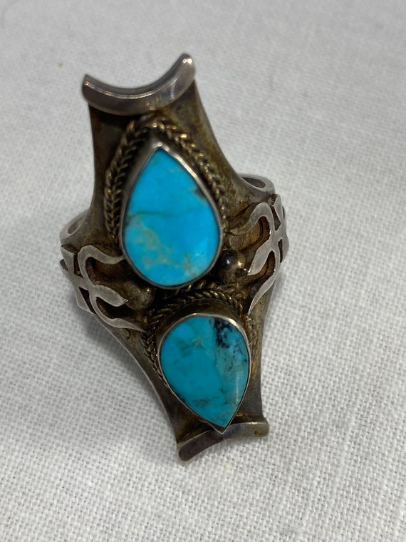 Nepalese Sterling Turquoise Saddle Ring Trident R… - image 3