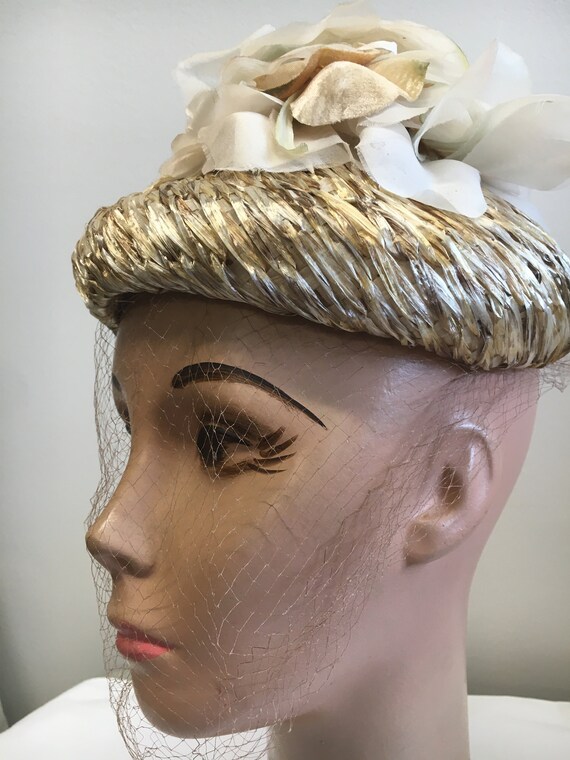 Beige Straw topper Hat With Veil - image 2