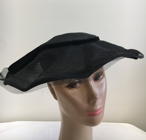 Vintage black mesh headpiece with velvet details and bows VELVET BOW WITH CRYSTAL VEILING - Black - Gold Coast Couture main image 3
