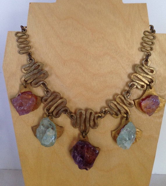 Brass/Amythyst/Aquamarine Necklace
