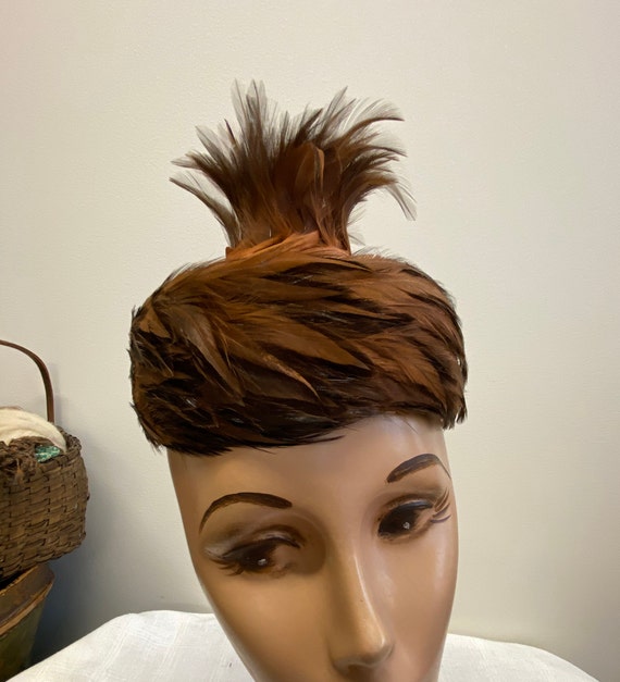 Unique Brown feather Pillbox Hat - image 1