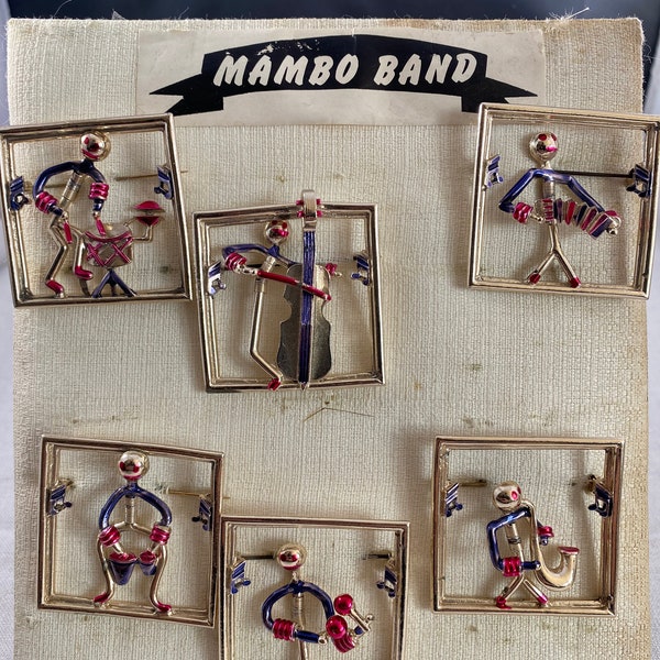 Articulated Mambo Band Set Of 6 Brooches Saxaphone Player Bongo Player Musicians