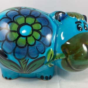 Ceramic 1970&#39;s Hippopotamus Coin Piggy Bank With Flower in Mouth