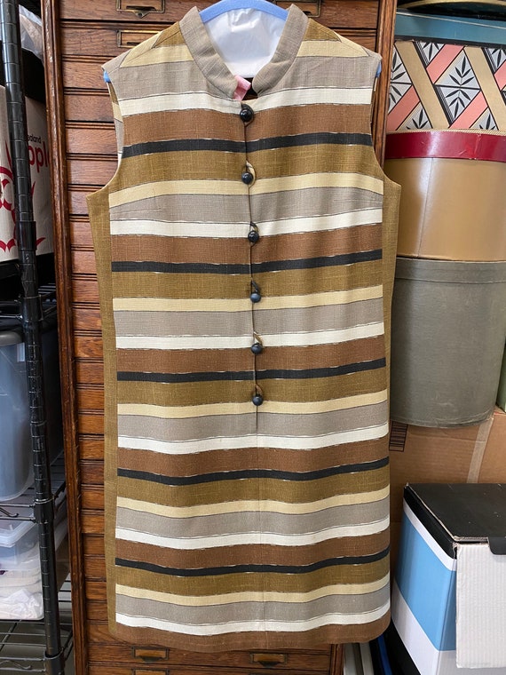 Brown Black And Beige Linen Striped Summer 1960's… - image 6