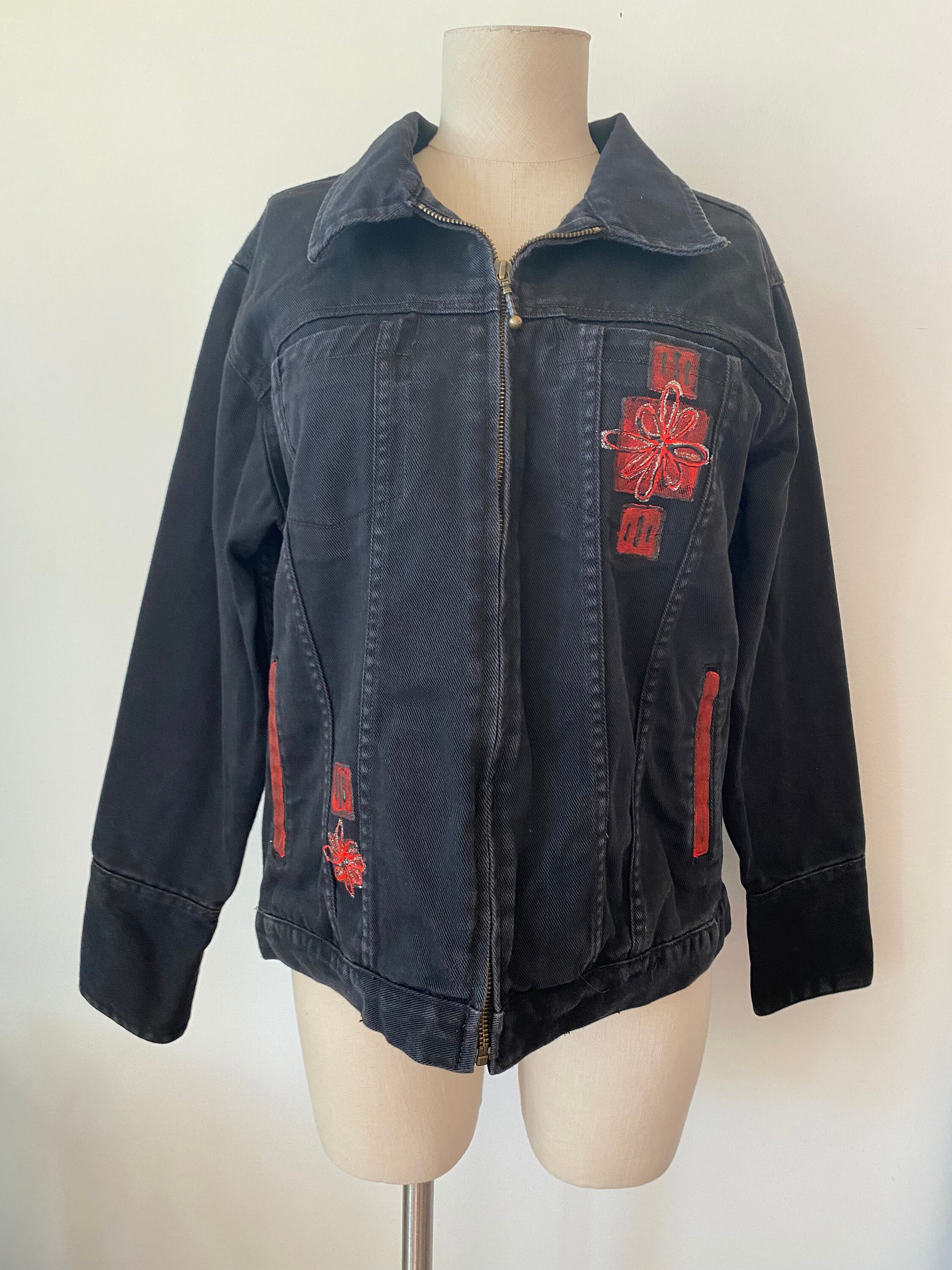 ヴィンテージ　BILL BLASS ペイントデニムジャケット Bill Blass Vintage Black Denim Zippered Painted Jean Jacket