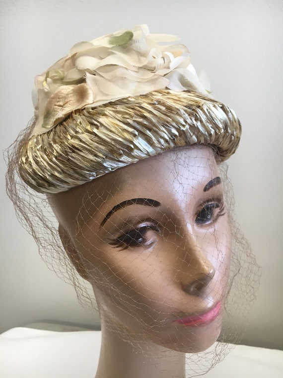 Beige Straw topper Hat With Veil - image 4