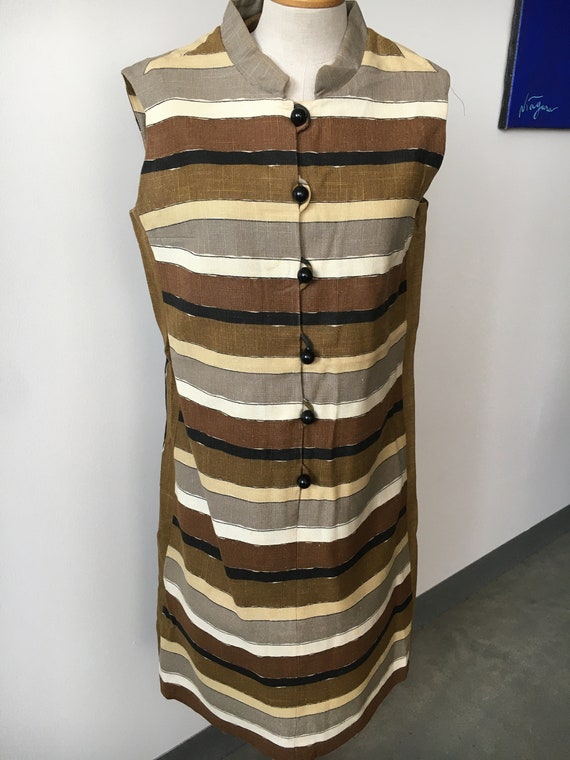 Brown Black And Beige Linen Striped Summer 1960's… - image 3