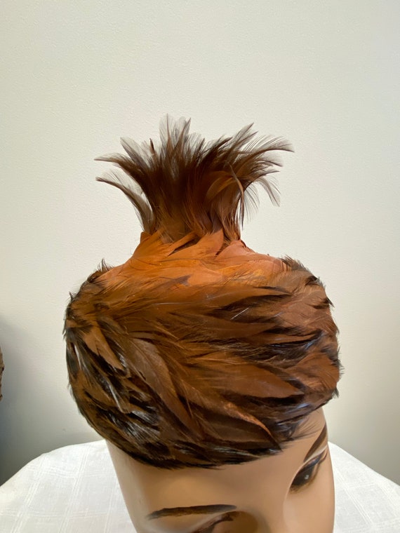 Unique Brown feather Pillbox Hat - image 2