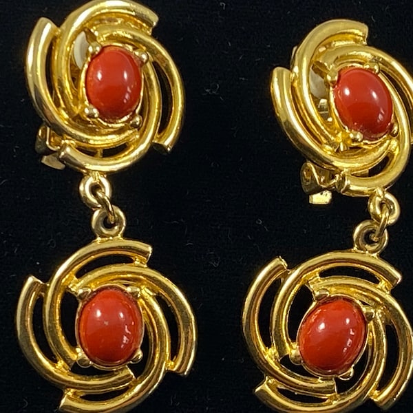 Paolo Gucci Gold Toned Clip On Earrings With Coral Colored Cabochons