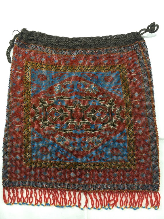Micro Beaded Crochet Fringed Drawstring Handbag - image 3