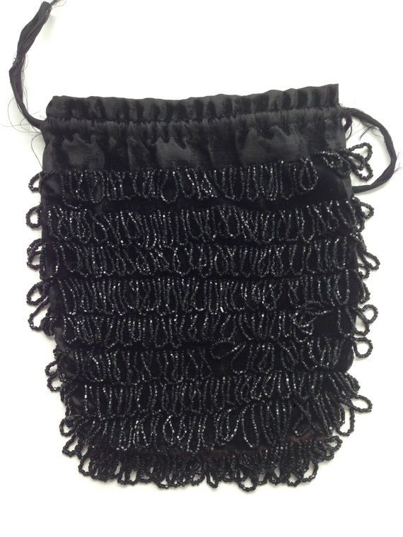 Black Beaded Drawstring 1920's Evening Bag